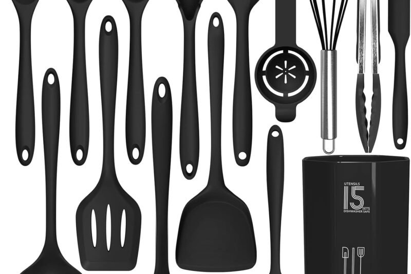 Silicone Cooking Utensils Set – 446°F Heat Resistant Kitchen Utensils,Turner Tongs,Spatula,Spoon,Brush,Whisk,Kitchen Utensil Gadgets Tools Set for Nonstick Cookware,Dishwasher Safe (BPA Free)