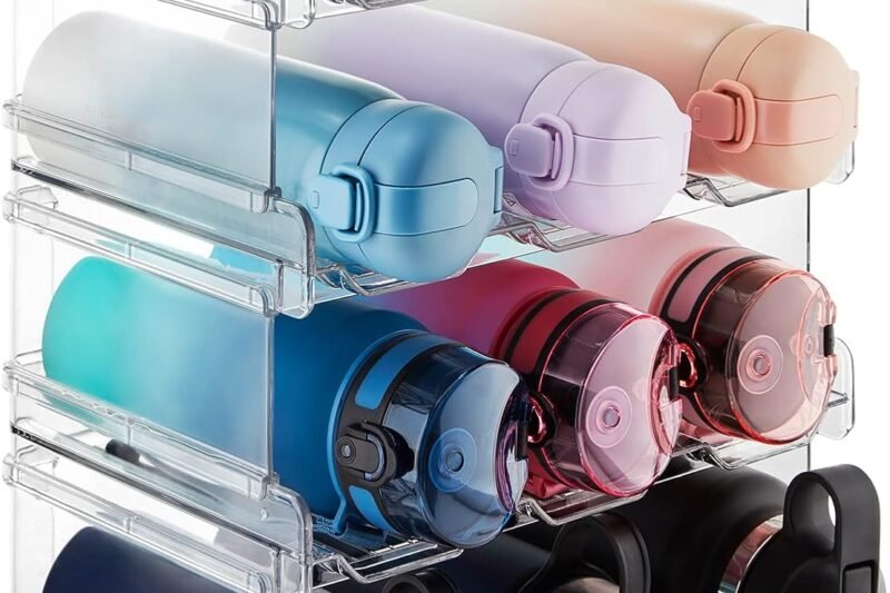 Lifewit Stackable Water Bottle Organizer for Cabinet, Freezer, Pantry – Plastic Cup Holder, Wine Racks for Kitchen Tabletop Storage, Cupboard, Office – Pack of 4, Each Rack Holds 3 Containers