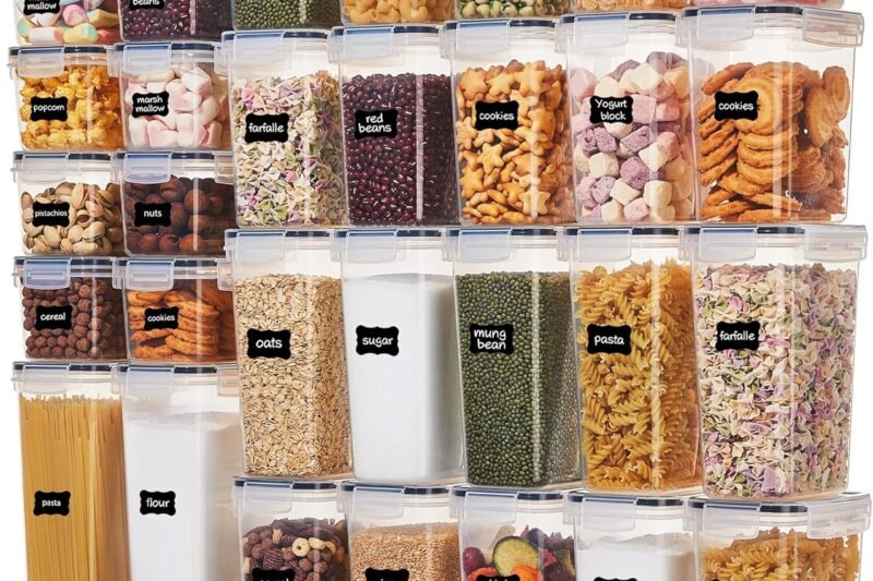 Vtopmart 32pcs Food Storage Container Set, Kitchen & Pantry Organizers and Storage, Plastic Airtight Pantry Container with Lids for Cereal, Flour and Sugar, Includes 32 Labels (Black) (32pack)