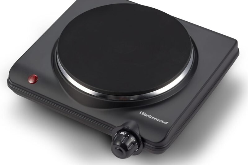 Elite Gourmet ESB-301BF# Countertop Single Flat Burner, Electric Hot Burner, Temperature Controls, Power Indicator Lights, Easy to Clean, 1000 Watts (Black)