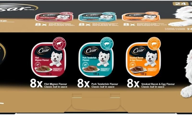 CESAR Classic Loaf in Sauce Adult Wet Dog Food Mealtime Variety Pack, with 8 Filet Mignon Flavour, 8 Pork Tenderloin Flavour & 8 Smoked Bacon & Egg Flavour, 24x100g Trays
