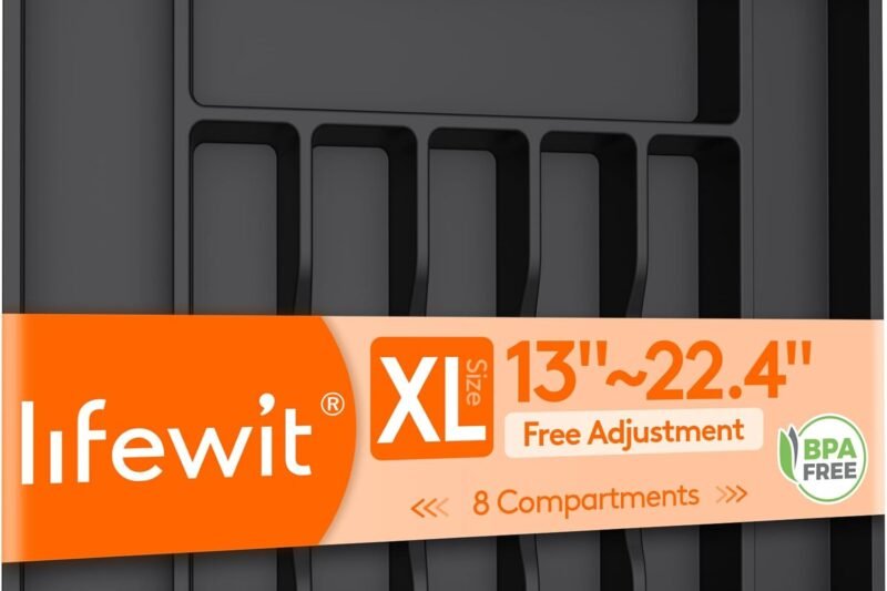 Lifewit Extra Large Cutlery Organizer, Expandable Silverware Drawer Organizer for Kitchen, Adjustable Cutlery Tray Drawer Organizer for Spoon Forks Knives, Cutlery Crocks, Black