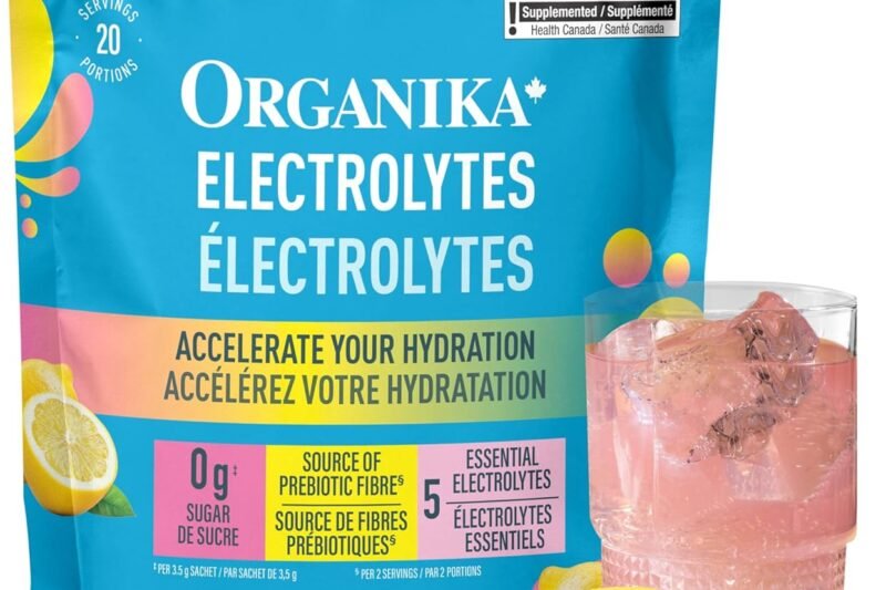 Organika Canadian-Made Electrolytes Powder- Pink Lemonade Sachets- On the Go Sugar Free Hydration and Electrolyte Replenishment with Prebiotics and Vitamin C 3.5g x 20ct