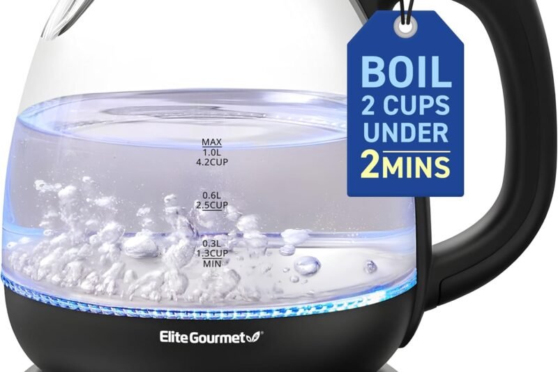 Elite Gourmet EKT1001 Electric BPA-Free Glass Kettle, Cordless 360° Base, Stylish Blue LED Interior, Handy Auto Shut-Off Function – Quickly Boil Water For Tea & More, Black, 1L