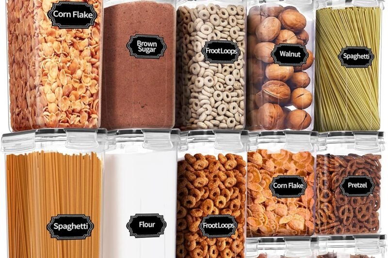 PRAKI Airtight Food Storage Container Set with Lids, 16 Pcs Plastic Dry Food Canisters for Kitchen Pantry Organizers and Storage, Ideal for Cereal, Flour & Sugar – Labels, Marker(Black)