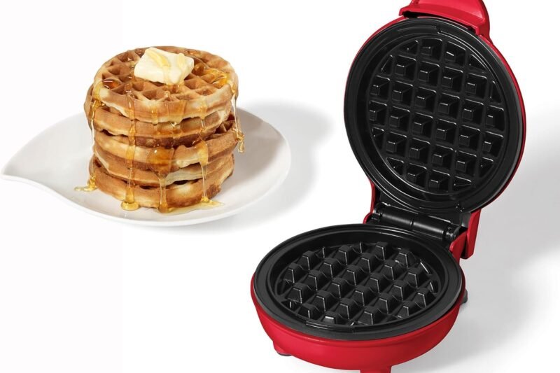 Starfrit Electric Mini Waffle Maker – 4″ Non-Stick Cooking Surface – Easy to Use & Clean – Red – 350W
